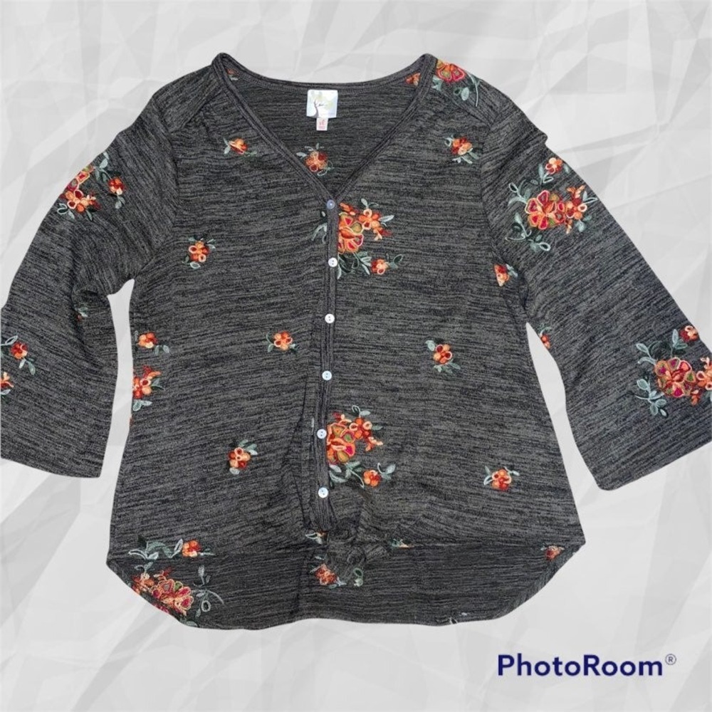 Fig‎ & Flower XL lightweight  brown-grey tie front cardigan embroidered